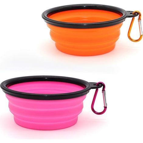 2 Pièces Bol à Chien Pliant Bol en Silicone Pliable,Gamelles de Voyage Bols de Voyage Pliables en Silicone pour Chien (Orange et Rose, Petit) (1/5)