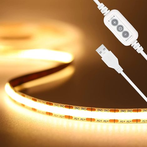 Ruban LED COB USB 5V Blanc chaud 3000K, 2M Dimmable Haute Densité 640LEDS/2M Bande lumineuse LED COB Flexible Découpable Bande LED Pour TV Rétroéclairage, Armoire, Chambre, Éclairage Maison DIY (1/5)