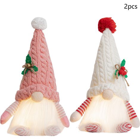 Rosa-weiße, beleuchtete Weihnachtswichtel aus Plüsch, schwedische Wichtel, 2er-Set, Dekoration für Zuhause, Küche und Partys (1/3)