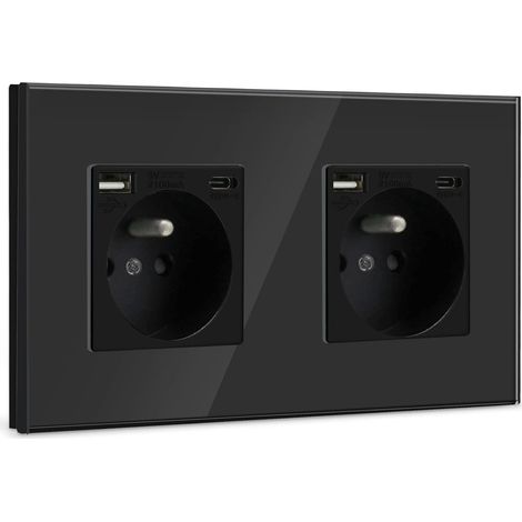Double Prise Murale avec USB et 1 Type C,16A Prise de Courant Alternatif avec Panneau en Verre,Multiprise Murale Max 2.1A,Convient au Smartphone, à la Tablette (2 Prise avec USB et Type C,Noir) (1/5)