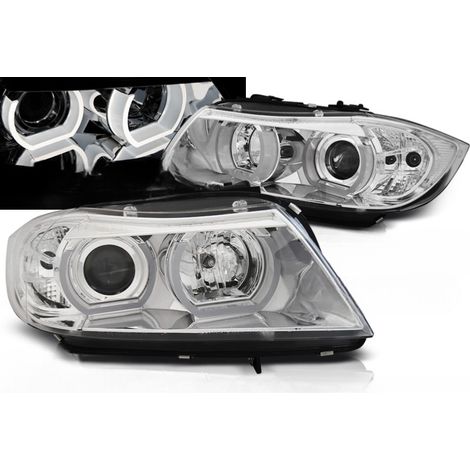 Paire de feux phares BMW serie 3 E90 / E91 de 2005 a 2008 xenon angel eyes led 3D chrome-27361187 (1/4)