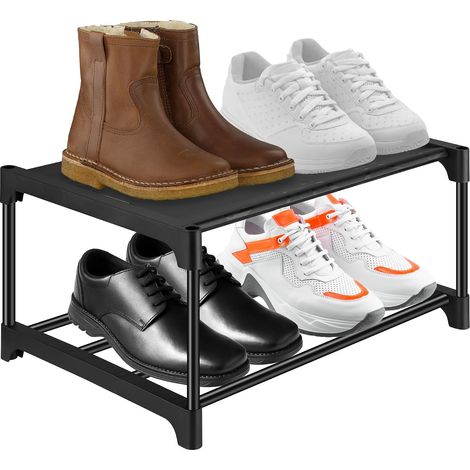 Étagère à Chaussures à 2 Niveaux, Petit Meuble Chaussure en Acier Antirouille, Porte Chaussures avec Revêtement Antirouille, Shoe Rack Stable et Durable, Etagere Chaussure Noire avec Coussin (1/5)