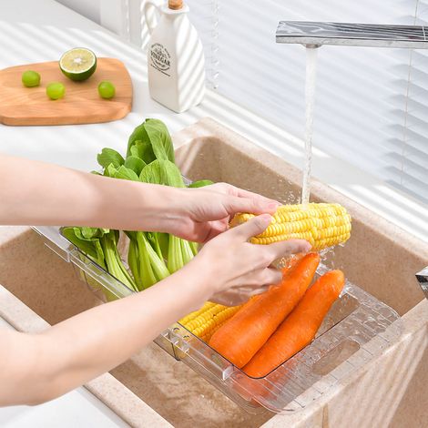 Panier extensible transparent pour évier de cuisine, égouttoir pliable pour fruits, légumes, vaisselle et couverts, bac de rangement rétractable en plastique (1/3)