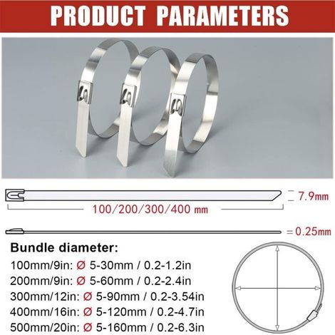 Ulisem100pcs Collier de Serrage Métallique 500 7,9mm, Serre Câble en Acier Inoxydable Argent Attaches de Câble Robustes - Zip Ties Metal, Lot de 100 Pièces (1/3)