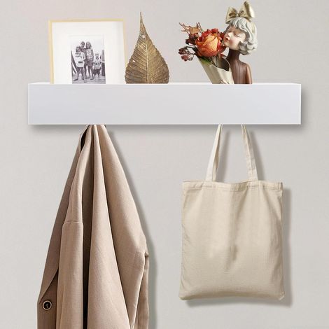 Porte Manteau Mural avec Etagere, Blanc Patere Porte Manteau, Dissimulés et Étagères en Bois, avec 5 Crochets, pour Chambres, Couloirs et Salons (1/5)