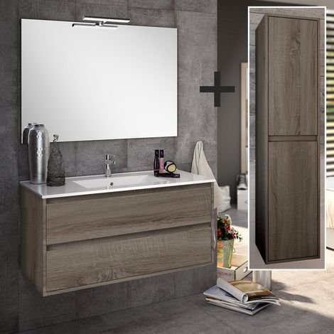 Ensemble meuble de salle de bain 100cm simple vasque + colonne de rangement - Britannia (chêne foncé) - IRIS (1/5)