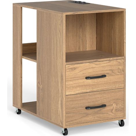 Mesa auxiliar con ruedas de 60 x 40 x 65,5 cm con estación de carga integrada diseño contemporáneo en madera de ingeniería natural 200018735