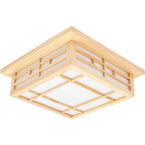 HAUTOUR Lampes Suspendues Japonaises – Rectangulaires LED en Bois Tatami – Abat-jour Blanc avec Cadre en Bois – Plafonnier pour Chambre et Salon – 35 x 35 x 11 cm – Élégance et Style Moderne (1/5)
