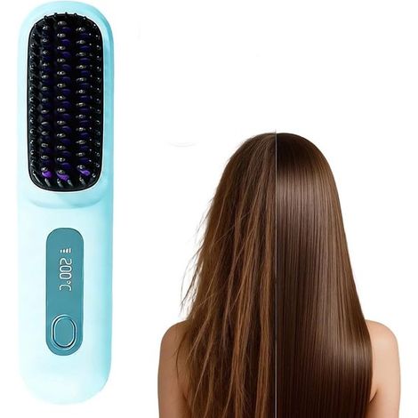 Piastra per capelli senza fili – con display LCD della temperatura – piastra per capelli portatile – pettine riscaldato senza fili – adatta per l'uso quotidiano e per i viaggi – blu