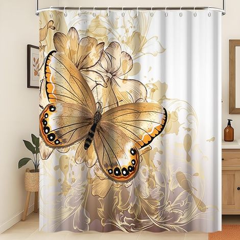 Rideau de Douche Or 3D Dieu Papillon Fleurs Rideau de Salle de Bain Papillon Aquarelle Fleur d'or Rideau de Douche en Tissu Hydrofuge Impression numérique Lavable 180x180cm (1/5)