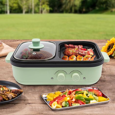 1300W Mini poêle électrique 2 en 1 - Avec grill - 1,2 l - Pour fruits de mer, légumes, crustacés, pâtes, pour 1-3 Personnes, 34x22x13cm (1/5)