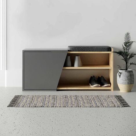 Schuhschrank Neneng, Schuhregal 2 Ebenen, 4 Fächer, 1 Tür, 104x47x37h cm Eiche Braun (1/4)