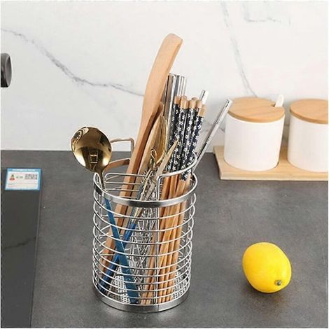 Porte-ustensiles de cuisine, 4 compartiments, en acier inoxydable, avec trou d'égouttage pour un séchage optimal. (1/5)