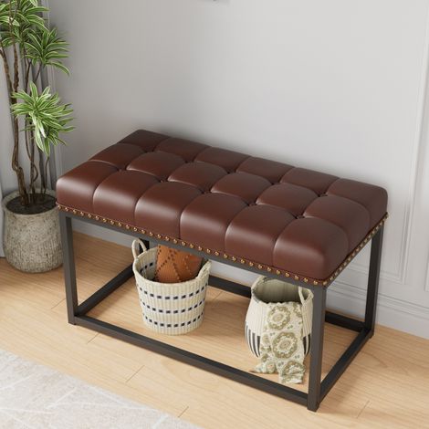Banc vintage 90 x 46 x 52 cm en simili cuir marron avec piqûre capitonnée HAVRYA (1/5)