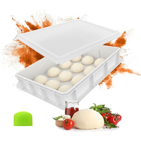 Relaxdays Pizzaballenbox mit Deckel, HxBxT: 13 x 60 x 40 cm, Kunststoff, stapelbar, Teigballenbox mit Teigspachtel, weiß