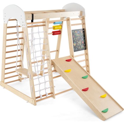 Costway – Aire de jeux intérieure en bois 7 en 1 – Balançoire, triangle d'escalade Montessori, échelle, filet – Pour enfants 3 ans+, beige (1/5)