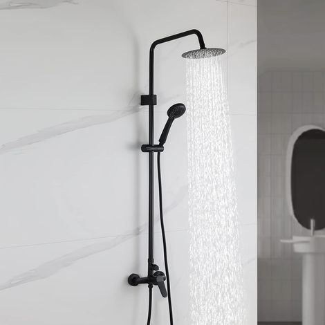 Ibergrif M17059B - Colonna doccia con rubinetto, kit di guida per alzata doccia, miscelatore doccia in ottone con 3 funzioni, soffione doccia a pioggia e set di tubi, colore: nero cromato (1/5)