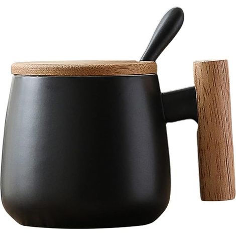 Mug en céramique avec couvercle et cuillère, tasse à café/thé, tasse à lait, tasse à boire pour hommes, femmes, Thanksgiving, Noël, anniversaire (noir)