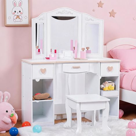 Ensemble coiffeuse tabouret blanc princesse pour filles, miroir triple, tiroirs et étagères rangement (1/5)