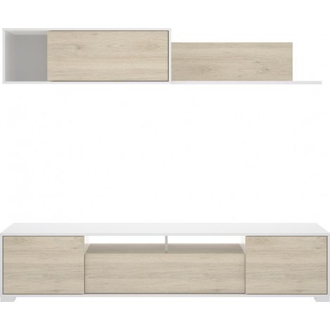 Abitare – Meuble TV mural 200 cm blanc brillant et chêne naturel – Ensemble moderne avec rangement fonctionnel – Compatible téléviseurs jusqu'à 65 pouces (1/5)