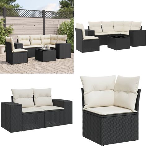 6-tlg. Garten-Sofagarnitur mit Kissen Schwarz Poly Rattan - Gartenmöbel Set - Rattan Möbel - Outdoor Lounge - Esstisch Set - Gartentisch - Home & Living (1/5)