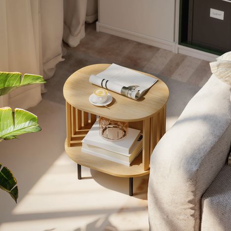 Table d'appoint ovale bout de canapé rangement ouvert pieds en acier design à lattes 50x39x50cm effet bois naturel (1/5)