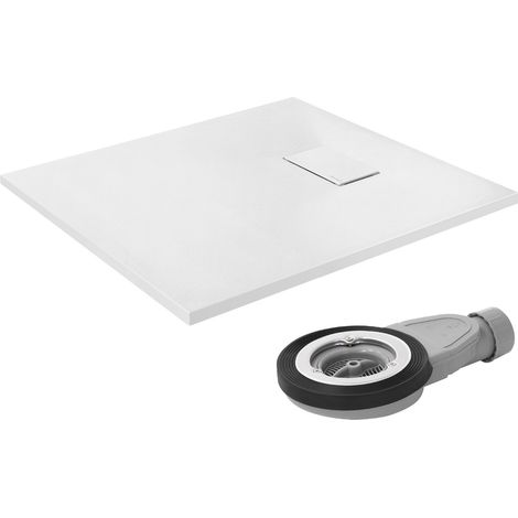LuxeBath Duschwanne 90x80 cm Weiß mit Ablaufgarnitur, Extra flache und robuste SMC Duschtasse, Rechteckige Brausewanne H:30 mm, Design Brausetasse Anti-Rutsch-Oberfläche in Schieferoptik mit Siphon (1/5)