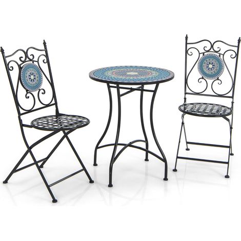 Set Mobili da giardino con mosaico da 3 pezzi, Tavolo rotondo e 2 sedie pieghevoli con struttura in metallo (1/4)