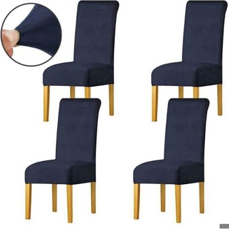 Housse de Chaise en Velours Spandex de Bout Droit avec la Bande élastique Dame de Velours dinant la Chaise 4pcs/set - marine (1/4)