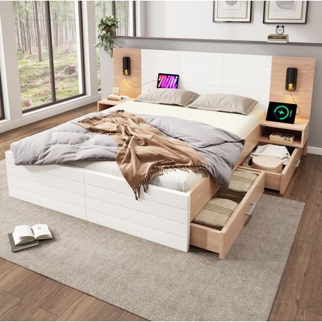 Cama doble con mesitas cajones luz USB blanca roble OKMYHOME (1/5)