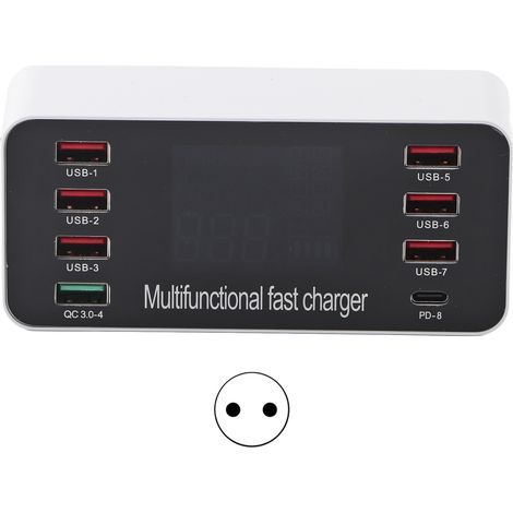 Intelligente 8-Port-Ladestation mit LED-Digitalanzeige, QC3.0 PD 60W, EU-Stecker 100–240V (1/5)