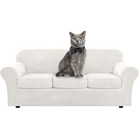Soft stretch velvet sofa cover with separate cushion covers for 1, 2, 3 seater sofas with anti-slip strap for living room, bedroom (white, 3 seater) (1/5)