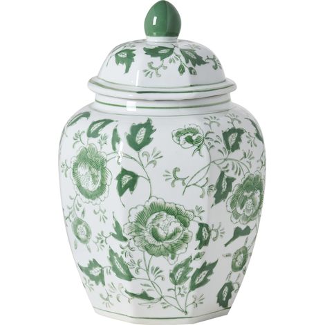 Jarrón con tapa florero accesorio decorativo de porcelana salón blanco y verde Ferrol