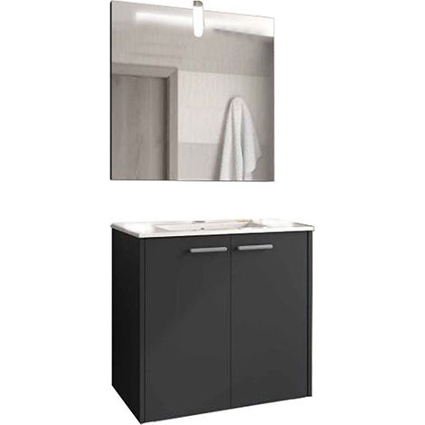 Badezimmerschrank – Breite 700 mm – Anthrazitgrau – Komplettset: Hängeschrank mit 2 Türen + Waschbecken + Einfacher Spiegel + LED-Wandleuchte - CIT/ELS/S/700/G