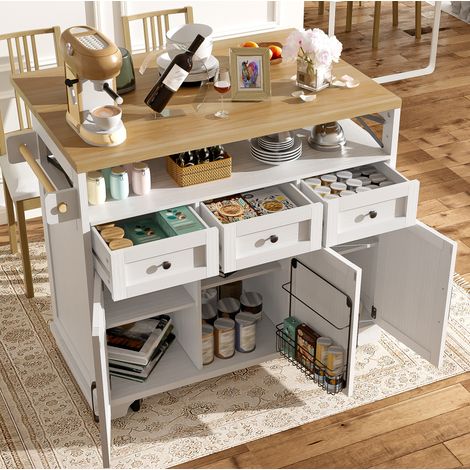 Îlot de cuisine 118 x 43/70 x 98 cm blanc avec plateau aspect bois, abattant et grand espace de rangement (1/5)