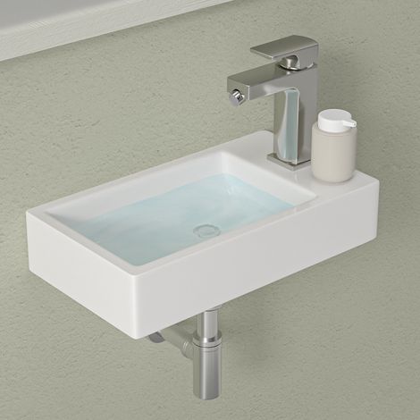 Geworzi Lavabo suspendu céramique avec trou de robinetterie Lave Mains Rectangulaire 45 x 25 cm (1/5)