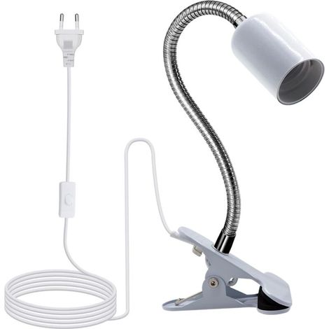 Lampe à Pince, Lampe de Lecture,Lampe de Chevet LED,Douille E27 avec Pince 110MM Col de Cygne,120CM Cable avec Interrupteur,Clip de Base en Métal,Lampe a Pince pour Lit,pour Table,Maquillage