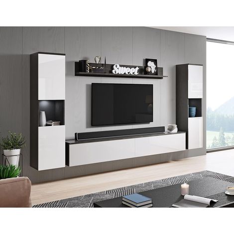 Ensemble de meubles de salon Paris XL – Éclairage LED inclus – Vitrine, meuble TV et étagère en verre trempé – Panneau laminé 15mm (1/4)
