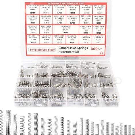 300 - Ressort de compression - Acier inoxydable 304 - Kit assorti 23 tailles - Pour bricolage et réparation automobile - Argenté - Dimensions variées (1/5)