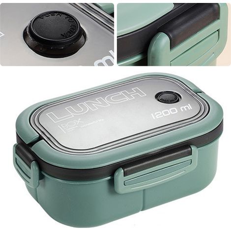 Boîte à lunch Bento 1200 ml à double paroi isolante avec fourchette et cuillère, verte, idéale pour les étudiants et les employés de bureau. (1/5)
