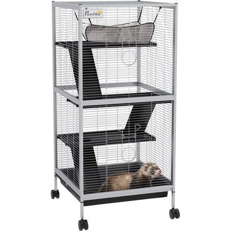 Cage grise sur roulettes avec 2 portes, 3 rampes, hamac et plateau, 52x52x113,5 cm, habitat mobile pour rongeurs pratique