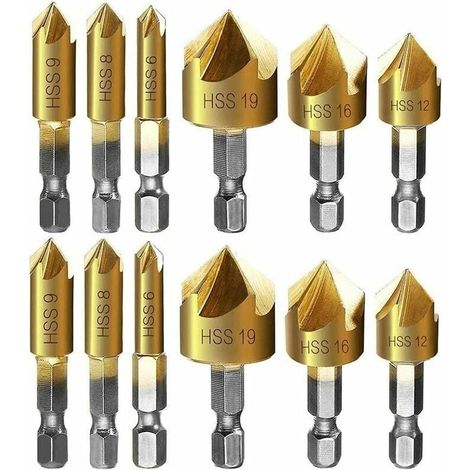 12-teiliges Metall-Fasenschneider-Set mit Sechskantschaft, selbstzentrierendem Körner, Fasenbohrern (6 mm, 8 mm, 9 mm, 12 mm, 16 mm, 19 mm) (1/4)