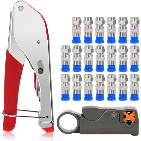 Pince à Sertir à Compression de Type F, Kit d'Outils de Sertissage de Câble Coaxial, Coupe 9mm + 20 Connecteurs, Pince Coupante RG59 RG6, Pour la Télévision par Câble(480g) (1/5)