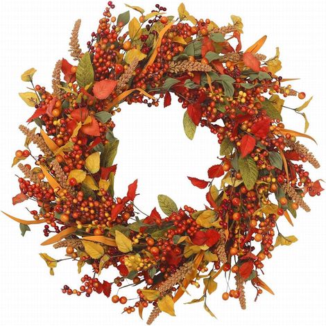 Couronne Artificielle - Couronne Automnale avec Citrouilles Fausses et Baies - Pour Porte d'Entrée Mur Fenêtre - 38 cm - 1 Pièce (1/2)
