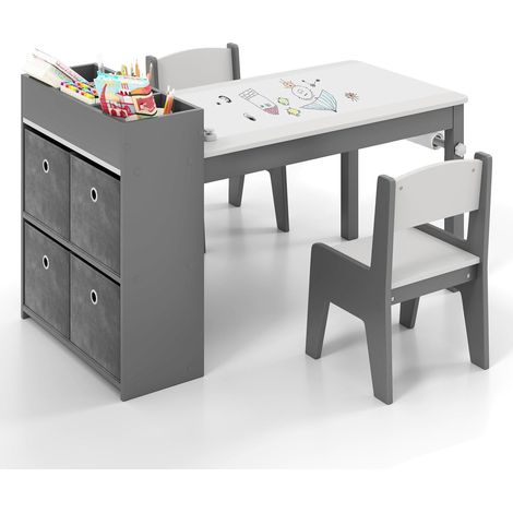 COSTWAY 3 in 1 Set Tavola d’Arte e 2 Sedie per Bambini, Tavolo in Legno con Rotolo di Carta per Disegnare, Mobile Montessori per Cameretta con Ripiani e 4 Cassetti in Tessuto Salvaspazio (Grigio) (1/5)