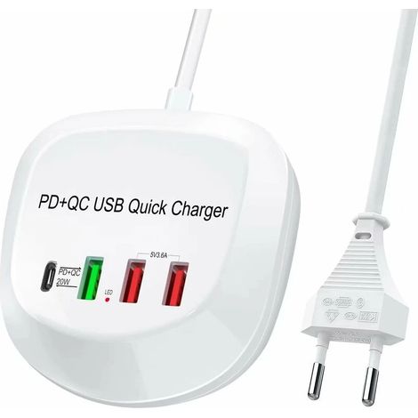 Chargeur rapide USB-C, chargeur USB PD QC 3.0 pour charge rapide, adaptateur secteur USB multiple à 4 ports pour iPhone et iPad (1/5)