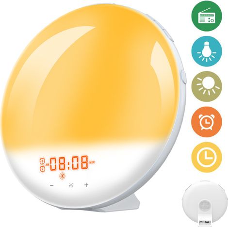 Despertador luminoso infantil simulador de amanecer – simulación de salida y puesta del sol – 8 sonidos naturales – radio FM – formato 12/24h – función snooze (1/5)