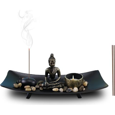 Jardín zen con figura de Buda, porta incienso japonés, estatua de Buda con piedras naturales y portavelas, estatua de Buda sentado, perfecto para regalar, meditar, relajarse y decorar. (1/5)