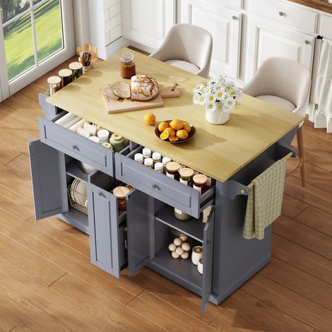 Îlot de cuisine mobile avec plan de travail rabattable, chariot de cuisine, armoire de rangement, avec tiroirs verticaux à deux niveaux, 2 grands tiroirs et roulettes freinables, 121 × 49 (69 (1/5)