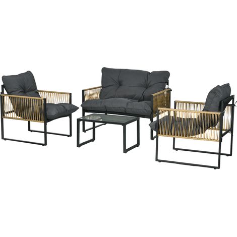 4-teiliges Gartenmöbelset: 2-Sitzer-Sofa, 2 Sessel, Couchtisch aus gehärtetem Glas, 3 graue Kissen